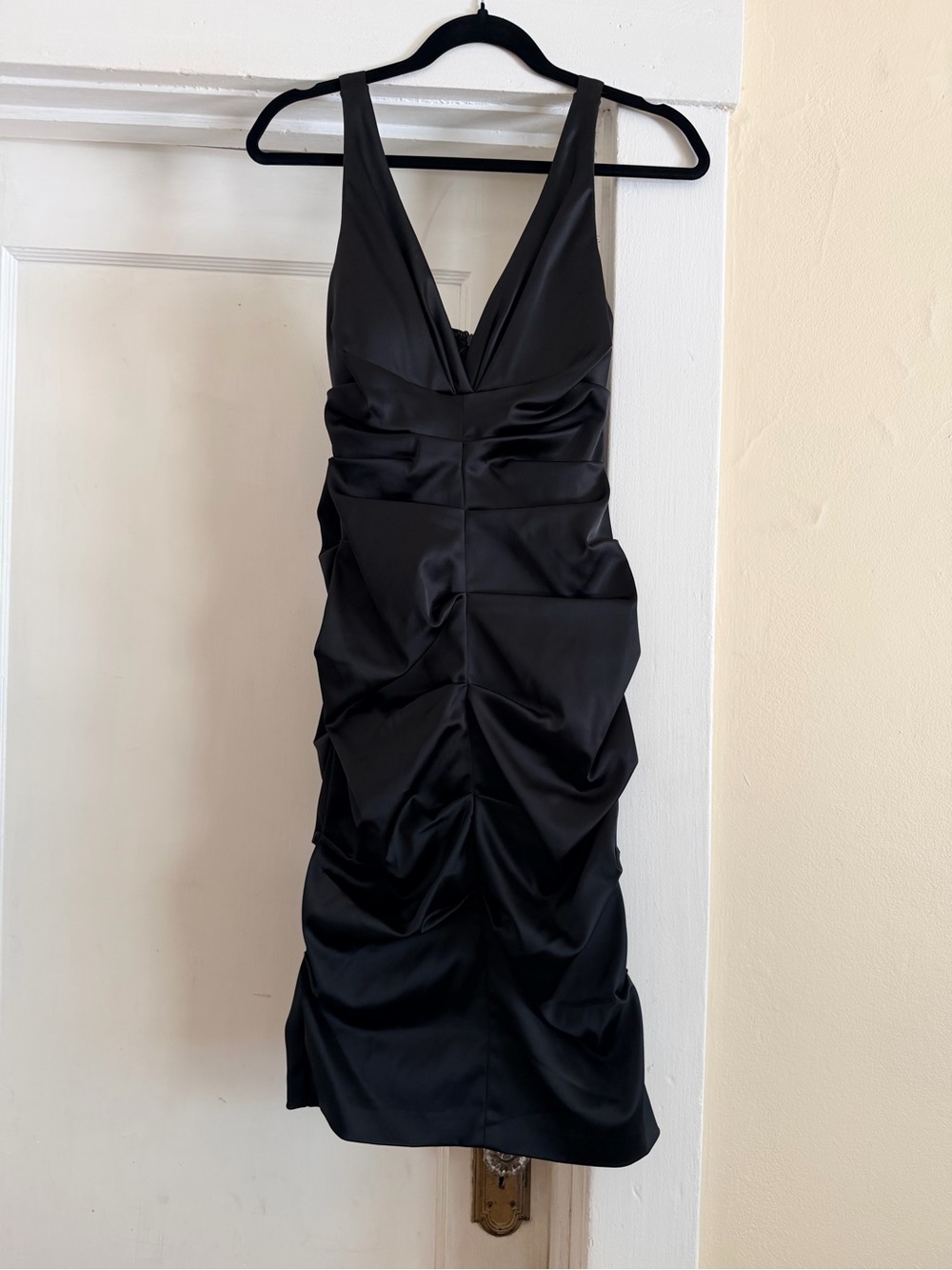 Xscape Black Satin Ruched V-Neck Midi Dress